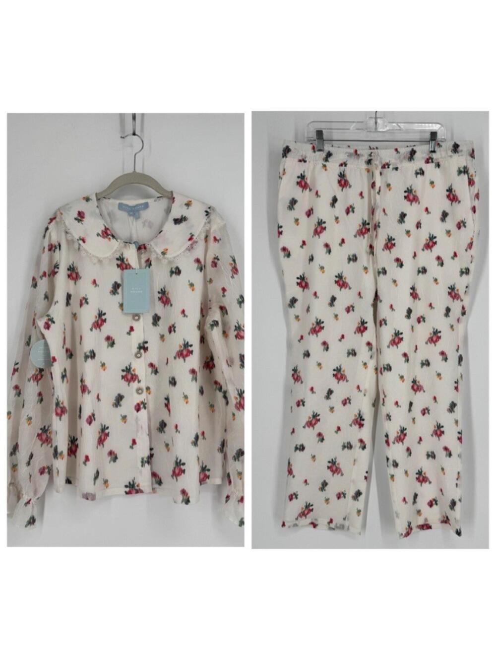 Hill House pajama set womens XL rosemary ivory floral feminine cottage prairie